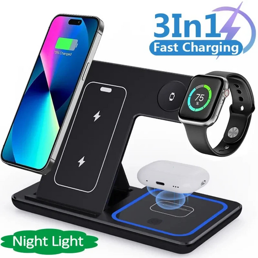 3 In 1 Foldable Fast Wireless Charging Station with LED Night Light